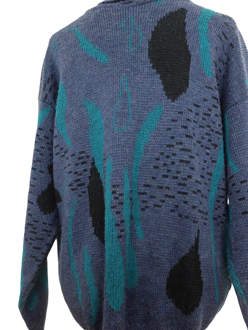 Vintage 80s Bohemian Hippie Navy Blue Oversized High Roll Neck Turtleneck Abstract Patterned Knit Pullover Sweater Jumper