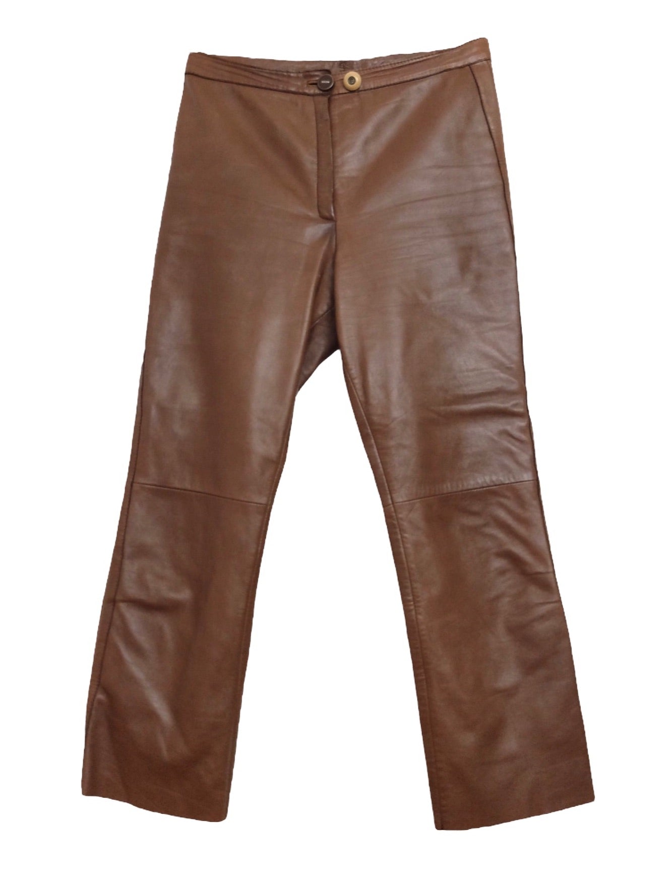 Vintage 80s Bohemian Hippie Chic Brown Nappa Leather High Waisted Straight Leg Trouser Pants | 31.5 Inch Waist