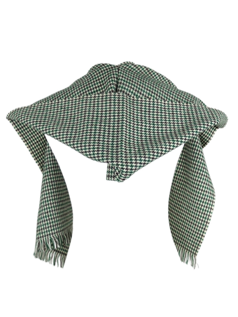 Vintage 70s Mod Hippie Cottagecore Bohemian Pixie Green & Brown Houndstooth Check Patterned Hooded Wrap Scarf