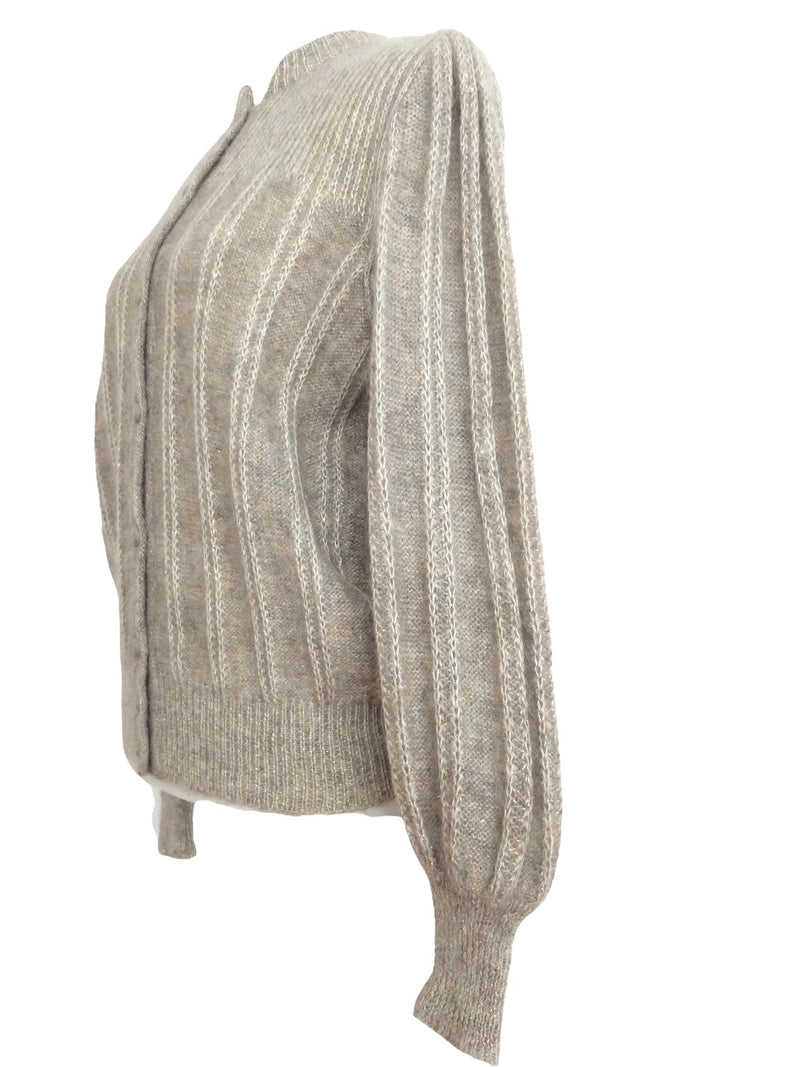 Vintage 60s Mod Preppy Chic Taupe Grey-Brown Sparkle Glitter Angora Balloon Sleeve Mockneck Ribbed Button Down Cardigan Sweater | Size S-M