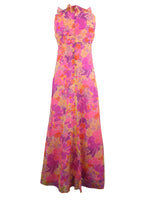 Vintage 60s Mod Psychedelic Hippie Bright Pink & Purple Abstract Floral Print Ruffled Sleeveless Tank Circle Floor Length Maxi Dress | Size S