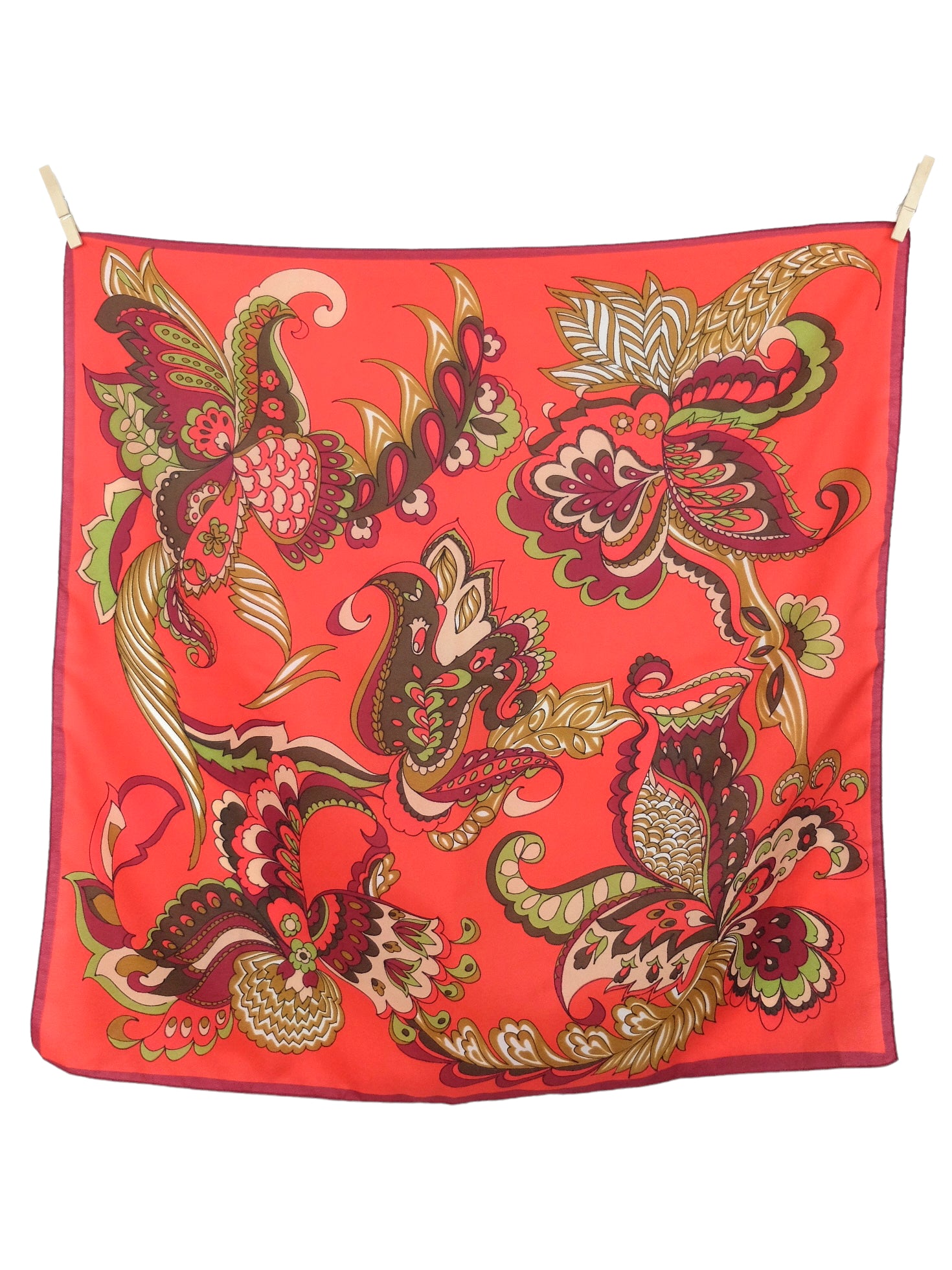 Vintage 70s Mod Psychedelic Abstract Paisley Fleur de Lis Red Square Bandana Neck Tie Scarf