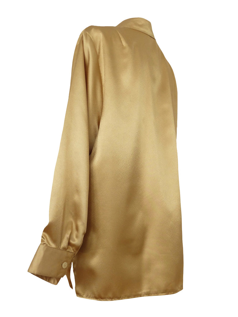 Vintage 90s Silky Avant- Garde Chic Formal Party Going-Out Metallic Gold Collared Long Sleeve Button Up Blouse