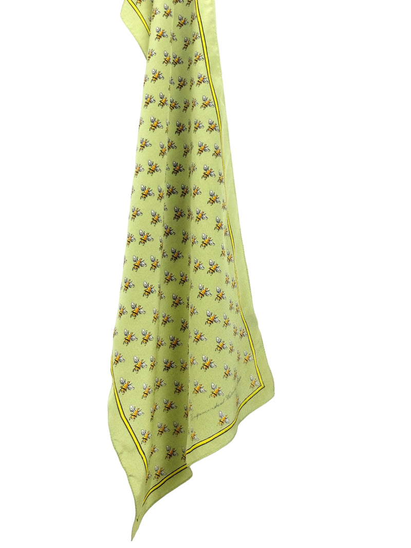 Vintage 90s Silk Preppy Chic Silk Green Bumblebee Print Long Wide Neck Tie Scarf