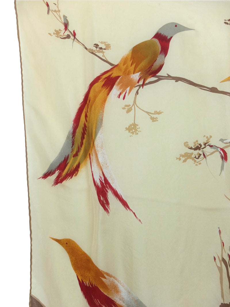 Vintage 70s Silk Bohemian Cottage Prairie Chic Bird Print Large Square Bandana Neck Tie Scarf with Hand-Rolled Hem