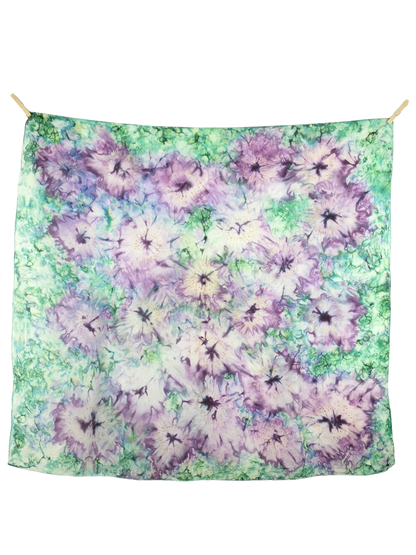 Vintage 80s Silk Hippie Bohemian Festival Green & Purple Tie Dye Acid Wash Large Square Bandana Neck Tie Scarf with Hand-Rolled Hem