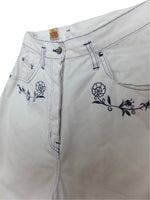 Vintage 80s Bohemian Hippie Prairie Cottagecore Light Wash White & Blue Floral Embroidered Button Fly Long Bermuda Shorts | Size XS