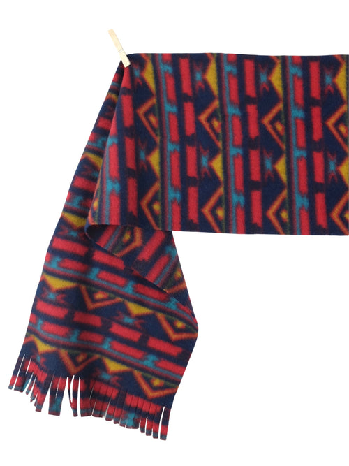 Vintage 80s Western Hippie Fleece Geometric Abstract Tribal Patterned Blue Red & Yellow Wide Blanket Scarf