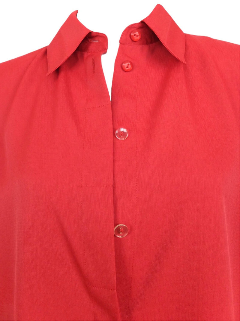 Vintage 80s Bohemian Solid Basic Red Collared Long Sleeve Button Up Blouse with Shoulder Pads | Size L-XL