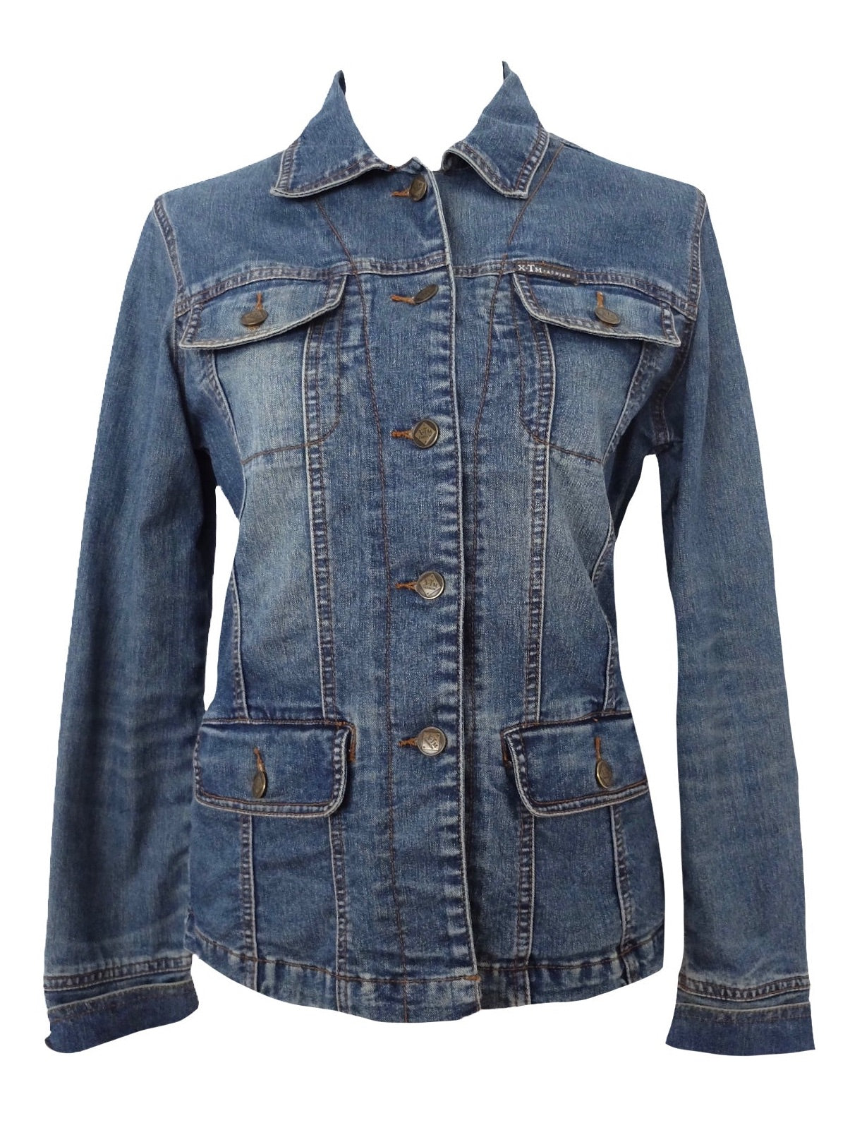 Vintage 90s Y2K Utilitarian Preppy Cottagecore Blue Medium Wash Denim Button Down Collared Jean Jacket | Women’s Size S-M