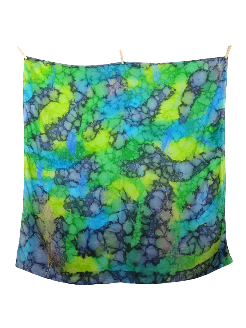 Vintage 90s Silk Rave Festival Style Bright Neon Green & Blue Tie Dye Acid Wash Abstract Patterned Large Square Bandana Neck Tie Scarf