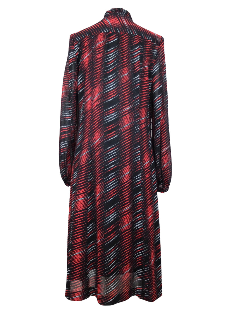 Vintage 60s Mod Psychedelic Abstract Black & Red Patterned Ruffled Mockneck Collared Long Sleeve Midi Shift Dress | Size S-M
