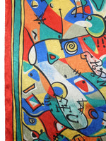 Vintage 80s Psychedelic Abstract Art Picasso Style Bright Multicolored Large Square Bandana Neck Tie Scarf