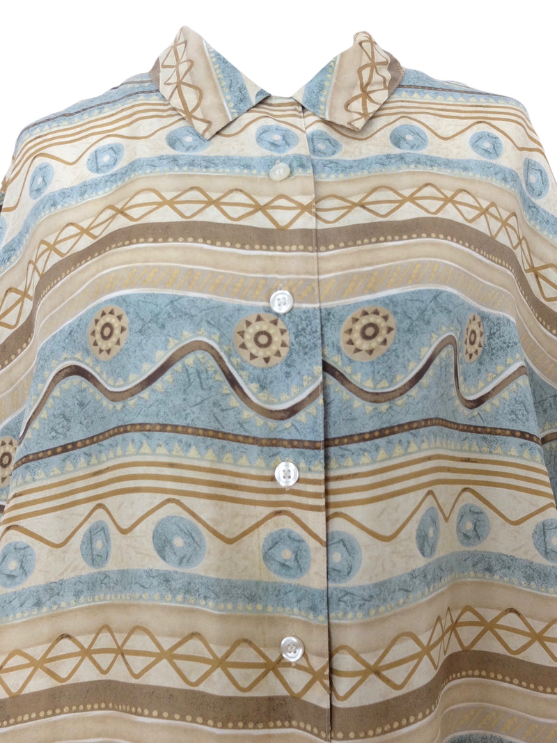 Vintage 80s Silk Bohemian Hippie Festival Style Abstract Patterned Pastel Beige & Blue Collared Short Half Sleeve Button Up Shirt | Men’s Size L | Women’s Size Extra Extra Extra Large