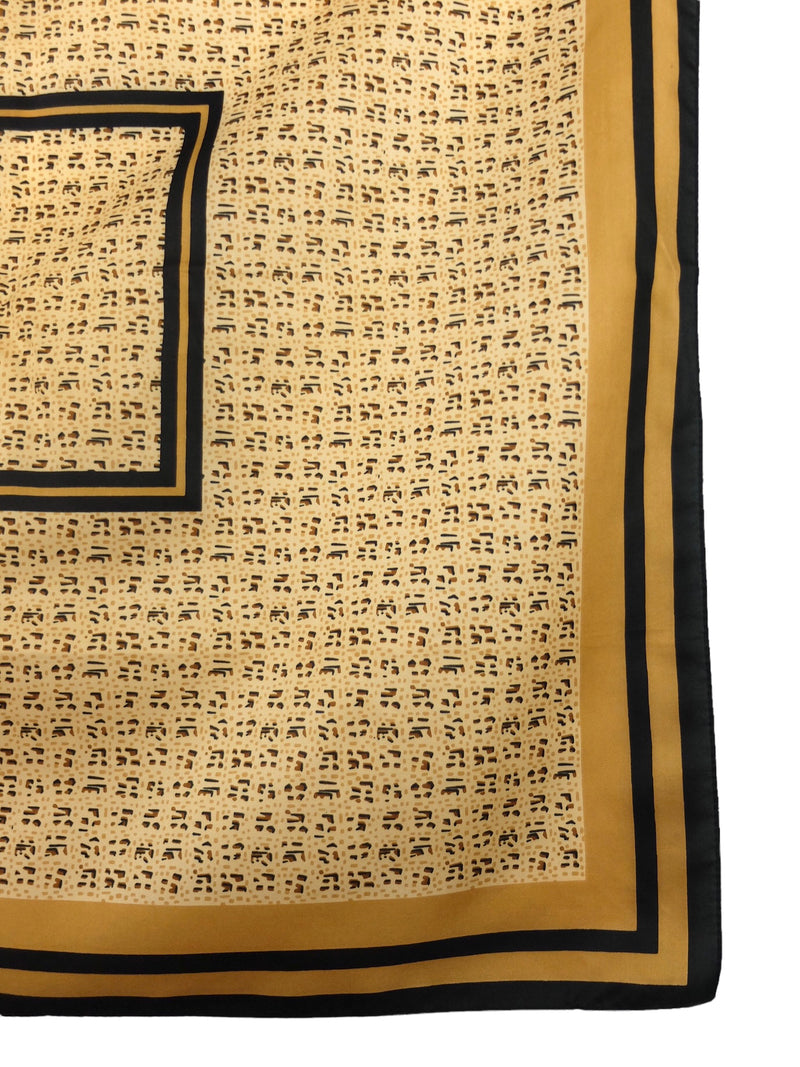 Vintage 80s Abstract Gold-Brown & Black Abstract Patterned & Striped Large Square Bandana Neck Tie Scarf