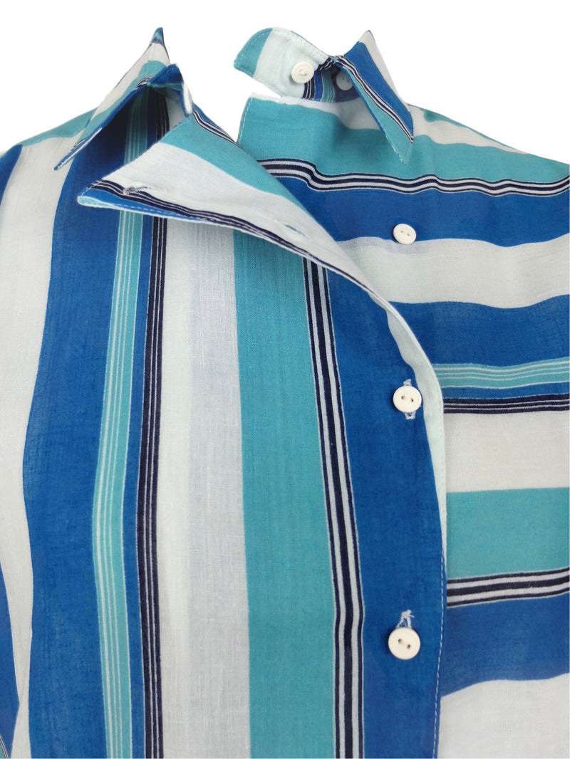 Vintage 70s Mod Pinup Style Abstract Striped Blue & White Collared Half Sleeve Asymmetrical Button Up Shirt | Size XS-S