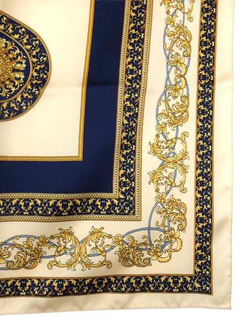 Vintage 80s Silky Avant-Garde Regency Style Baroque Print Beige Gold & Blue Large Square Bandana Neck Tie Scarf