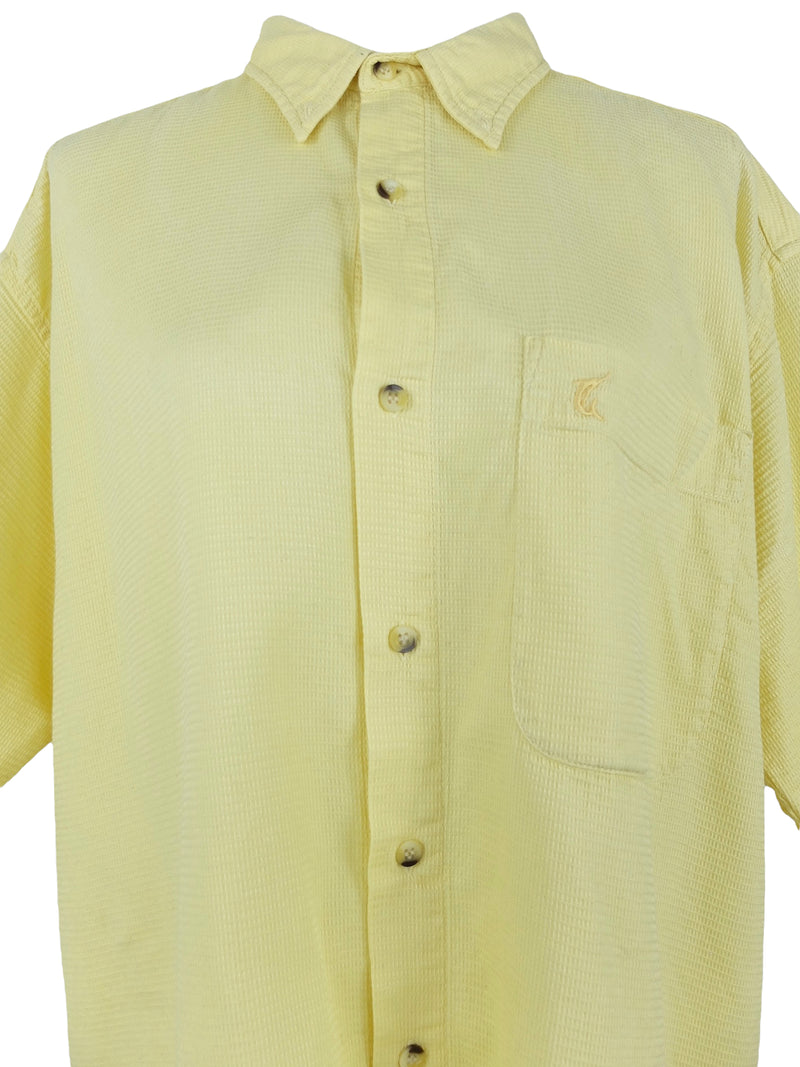 Vintage 80s Utility Streetwear Relaxed Men’s Pastel Yellow Collared Half Sleeve Button Up Waffle Shirt