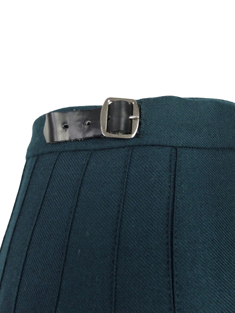 Vintage 80s Wool Punk High Waisted Teal Green Pleated Maxi Wrap Skirt with Safety Pin & Buckle Detail | 27 Inch Waist