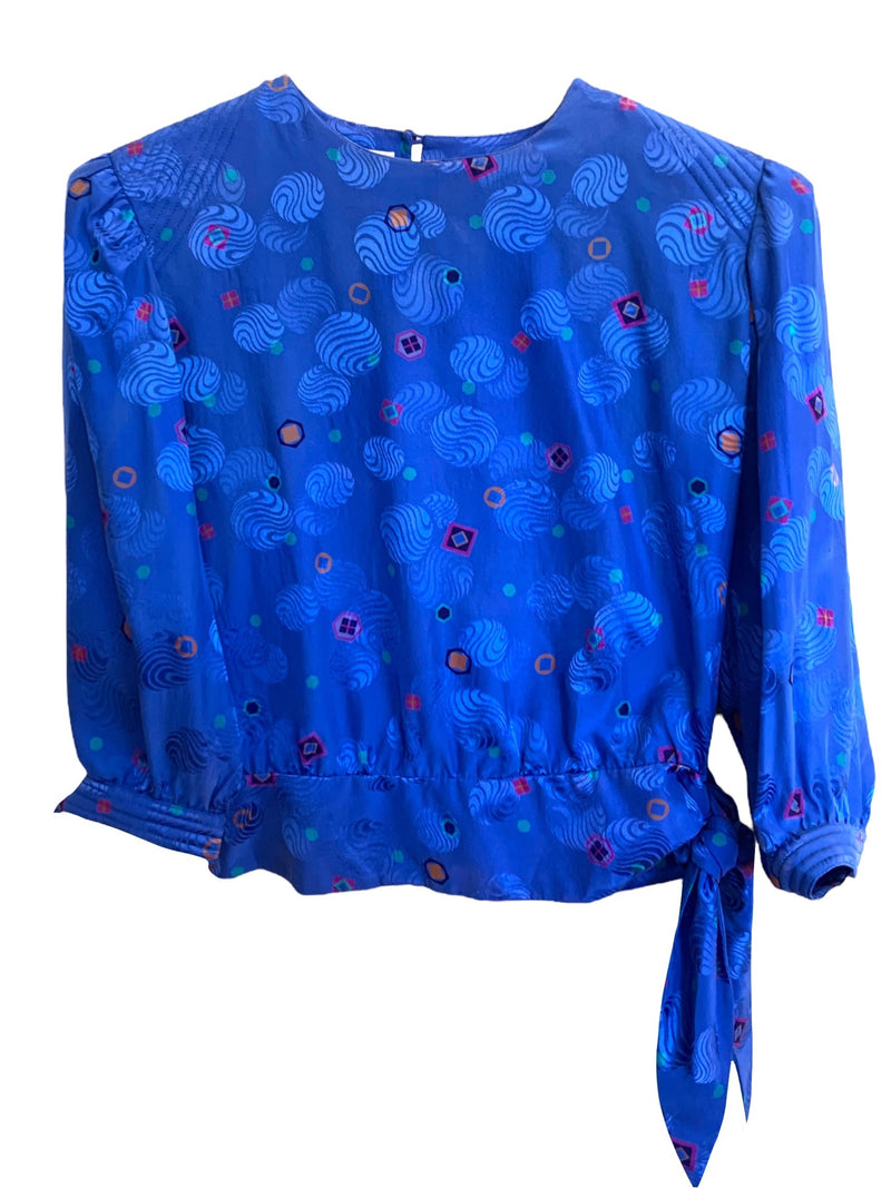 Vintage 70s Silk Mod Bohemian Hippie Chic Psychedelic Bright Blue Geometric Patterned 3/4 Sleeve Blouse with Side Waist Tie | Size S