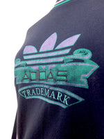 Vintage 90s Athletic Streetwear Utility Navy Blue Purple & Teal Adidas Trademark High Crew Neck Pullover Cotton Sweatshirt  | Men’s Size XS | Women’s Size S