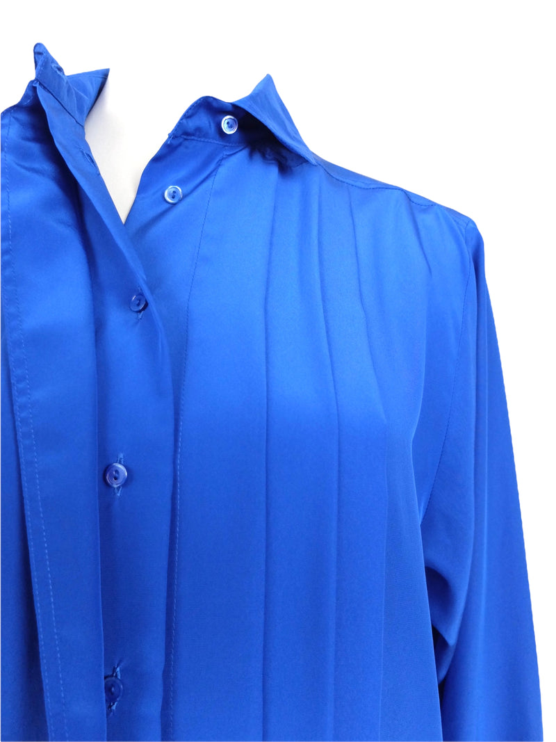 Vintage 80s Mod Bohemian Basic Solid Royal Blue Silky Collared Long Sleeve Button Up Blouse | Size S-M