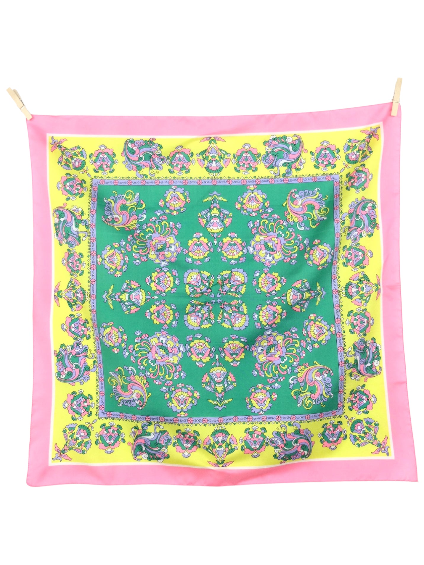 Vintage 60s Mod Psychedelic Kitsch Neon Bright Pink Green & Yellow Abstract Fleur-de-Lis Patterned Small Square Bandana Neck Tie Scarf