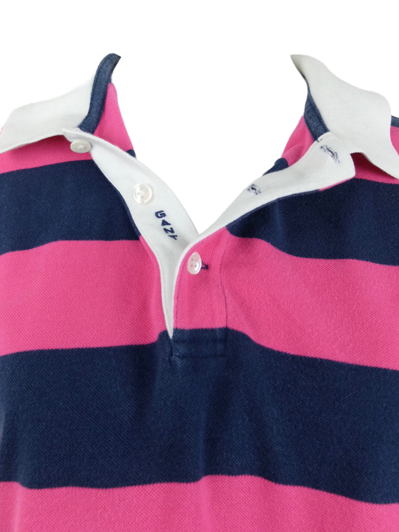 Vintage 00s Y2K Gant Preppy Academia Punk Pink & Navy Blue Striped Collared Polo 1/4 Button Up Cotton Short Sleeve Shirt
