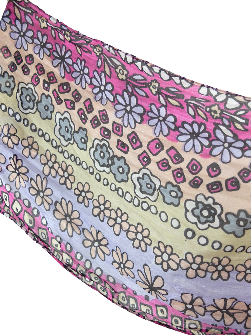 Vintage 60s Silk Mod Chic Cottagecore Kitsch Prairie Floral Pink & Purple Long Wide Neck Tie Scarf
