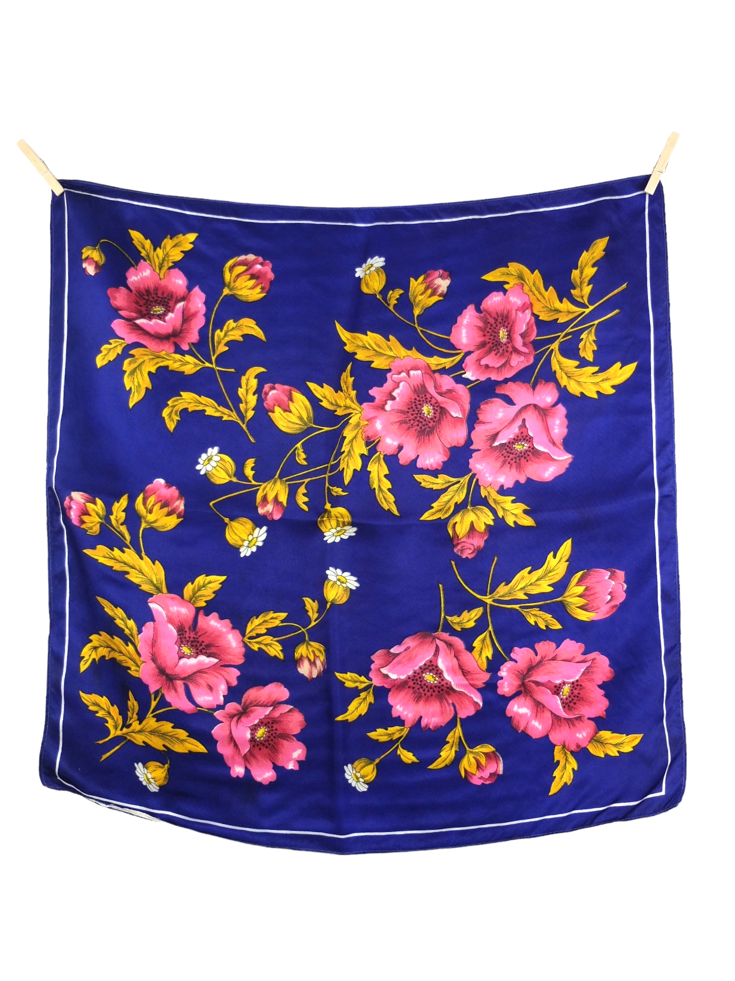 Vintage 70s Mod Romantic Chic Bright Royal Blue & Pink Floral Patterned Large Square Bandana Neck Tie Scarf