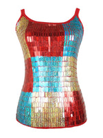Vintage 2000s Y2K Party Sequin Sparkle Geometric Colourblocked Strappy Double Strap Tank Top Blouse | Size S