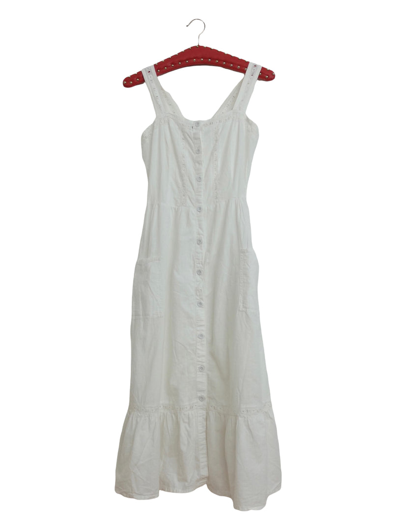 Vintage 70s White Hippie Milkmaid Cottage Gunne Sax Style Apron Sleeveless Tank Ruffled Lightweight Summer Cotton Maxi Dress with Lace Detail | Size XS