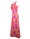 Vintage 60s Mod Psychedelic Hippie Bright Pink & Purple Abstract Floral Print Ruffled Sleeveless Tank Circle Floor Length Maxi Dress | Size S