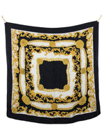 Vintage 80s Chic Baroque Gold & Black Chain Fleur-de-Lis Patterned Large Square Bandana Neck Tie Scarf