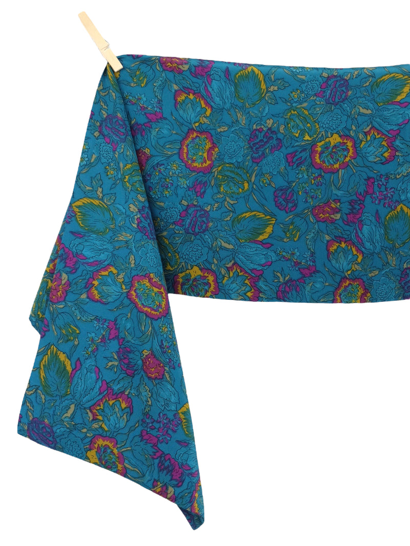 Vintage 80s Mod Bohemian Hippie Blue Floral Print Long Wide Neck Shawl Wrap Scarf