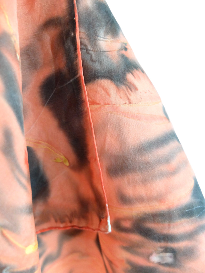 Vintage 90s Silk Hippie Bohemian Handpainted Orange & Black Acid Wash Butterfly Patterned Large Square Bandana Neck Tie Scarf