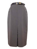 Vintage 80s Formal Preppy Chic Taupe Brown High Waisted Belted Midi Straight Silhouette Midi Pencil Skirt | Size S