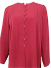 Vintage 80s Chic Pink-Red Solid Basic Scoop Neck Long Sleeve Button Down Tunic Blouse | Size M-L