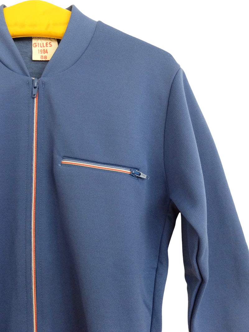 Vintage 70s Deadstock without Tags Athletic Mod Blue Fleece Mockeck Zip Up Track Top Jacket | Size S