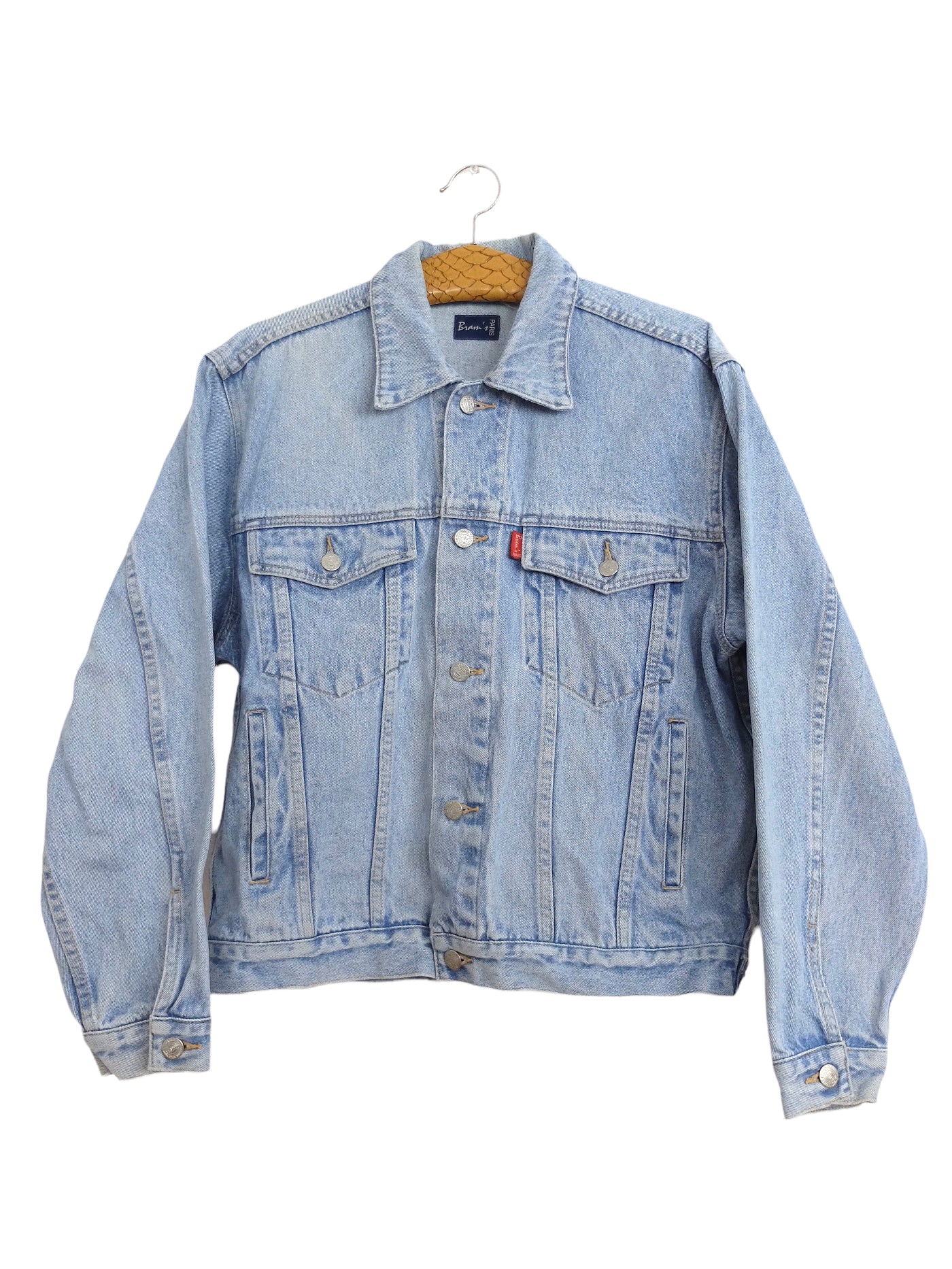Vintage 90s Utilitarian Streetwear Bram’s Paris Light Wash Collared Denim Jean Jacket