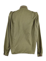 Vintage 50s Military Style Khaki Green Button Up High Mockneck Long Sleeve Shirt with Ruched Shoulders | Size S-M