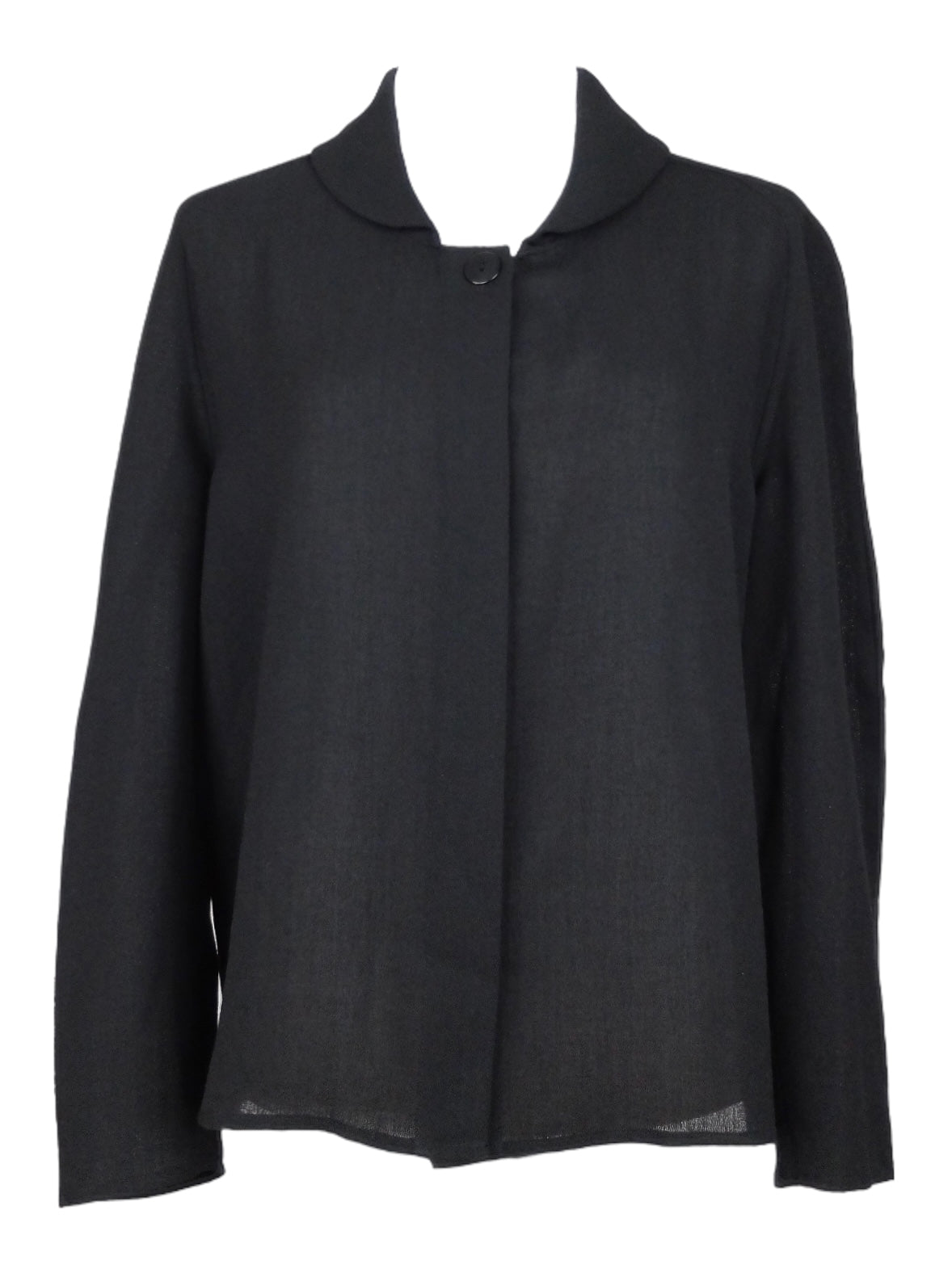 Vintage 70s Mod Hippie Round Collared Long Sleeve Basic Solid Button Up Blouse in Black | Size S-M