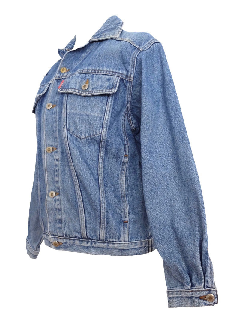 Vintage 80s Bohemian Utility Medium Wash Blue Denim Button Down Collared Jean Jacket | Men’s Size M, Women’s Size L