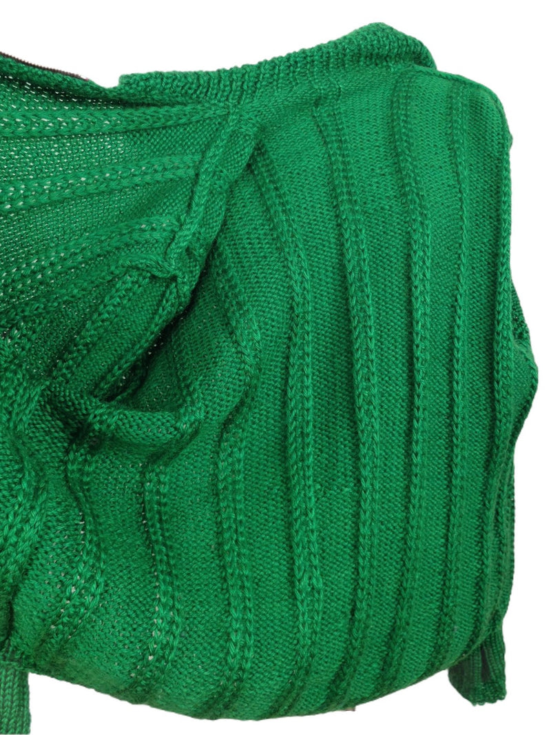 Vintage 60s Mod Kitsch Hippie Bohemian Grannycore Handmade Solid Basic Bright Green Knit Woven Collared Zip Up Sweater | Size M-L