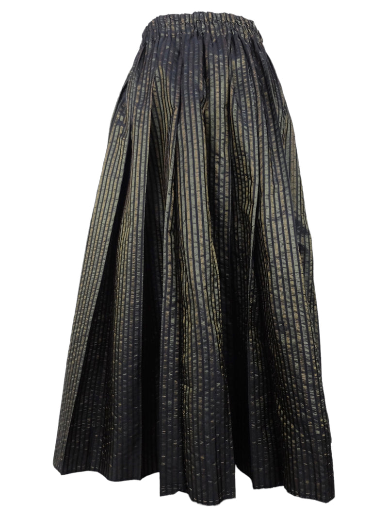 Vintage 80s Mod Formal Party Metallic Black & Green High Waisted Striped Full Circle Maxi Skirt | 31-35 Inch Waist