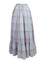 Vintage 80s Ralph Lauren Preppy Cottage Prairie High Waisted Pastel Pink & Green Check Print Ruffled Floor Length Cotton Maxi Skirt | 27 Inch Waist