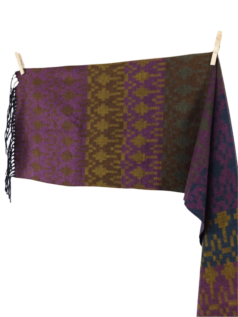 Vintage 80s Hippie Bohemian Tribal Patterned Purple & Brown Wide Wrap Fringed Winter Scarf