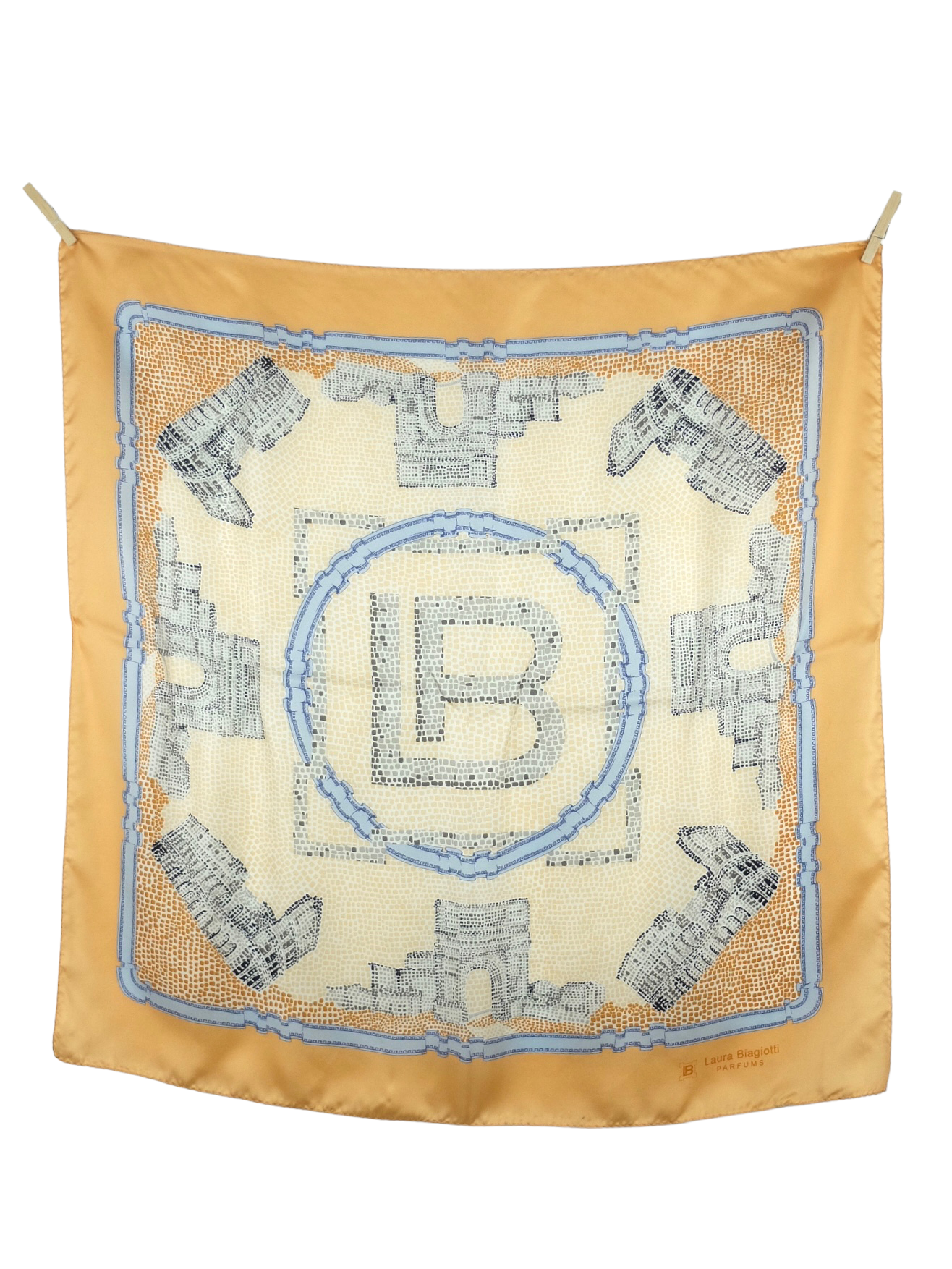 Vintage 90s Laura Biagiotti Perfumes Silk Chic Orange Beige & Blue Logo Large Square Bandana Neck Tie Scarf