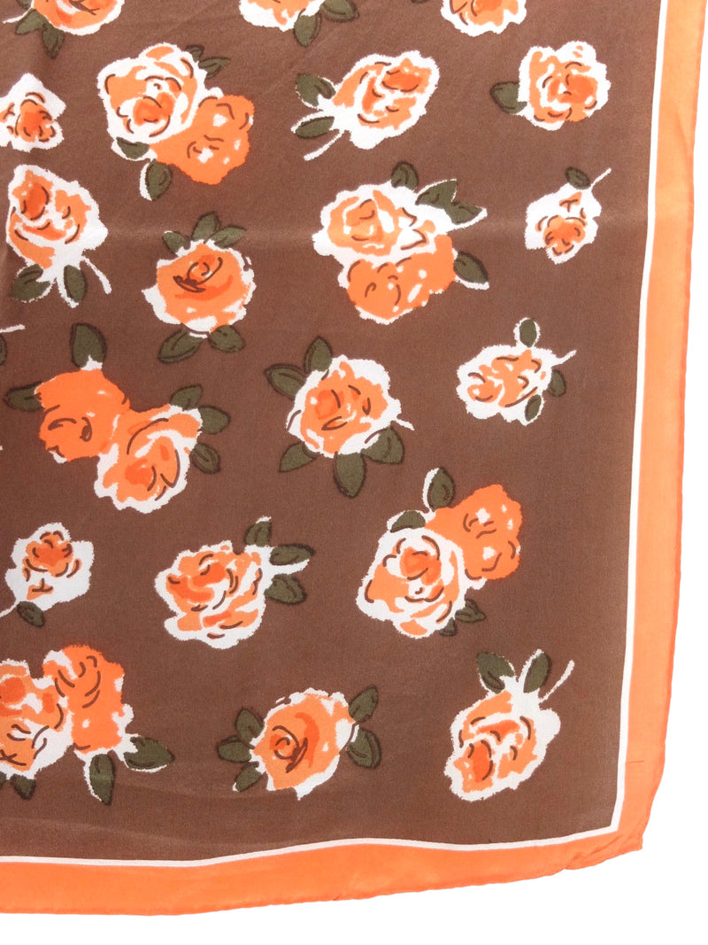 Vintage 90s Silk Bohemian Cottage Brown & Orange Floral Rose Patterned Small Square Bandana Neck Tie Scarf