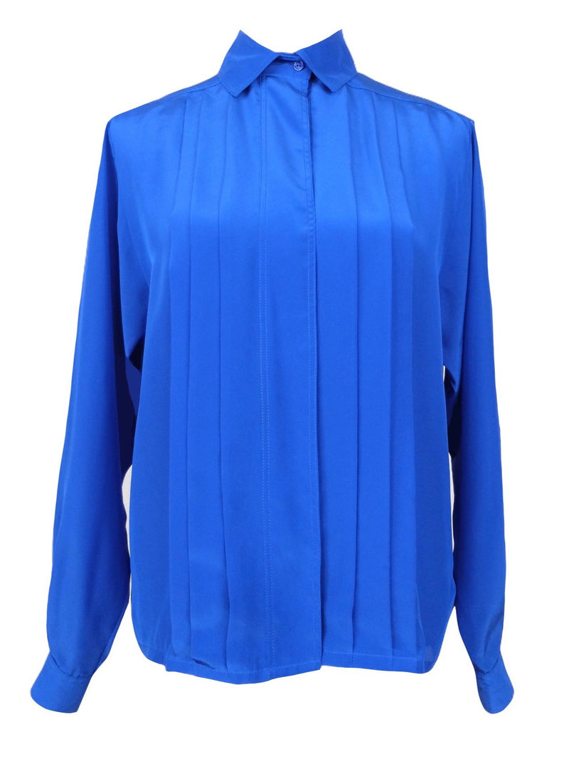 Vintage 80s Mod Bohemian Basic Solid Royal Blue Silky Collared Long Sleeve Button Up Blouse | Size S-M